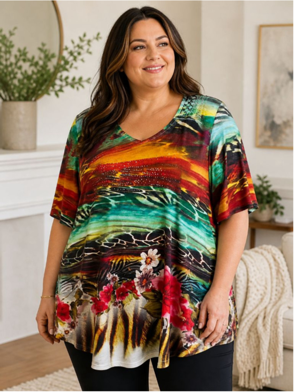 NEW DIRECTIONS WOMAN Plus 1X Multi-Color Tunic Top